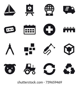 16 vector icon set : boat, presentation, notebook globe, delivery, ticket, calendar, bridge, drawing compass, pig, tractor, reload, recycling