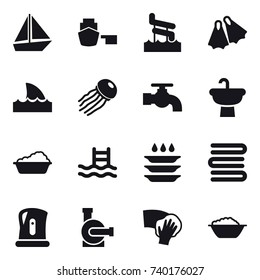 16 vector icon set : boat, aquapark, flippers, shark flipper, jellyfish, water tap, washing, pool, plate washing, towels, kettle, water pump, wiping, foam basin