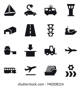 16 vector icon set : boat, electric car, airport tower, warehouse, plane, bus, departure, cruise ship