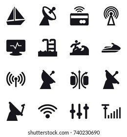 16 vector icon set : boat, satellite antenna, tap to pay, antenna, pool, surfer, jet ski, wireless