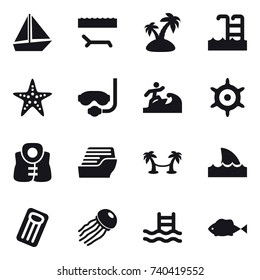 16 vector icon set : boat, lounger, island, pool, starfish, diving mask, surfer, handwheel, life vest, cruise ship, palm hammock, shark flipper, inflatable mattress, jellyfish