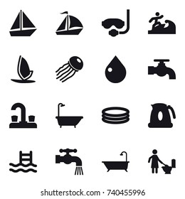 16 vector icon set : boat, sail boat, diving mask, surfer, windsurfing, jellyfish, drop, water tap, bath, inflatable pool, kettle, pool, toilet cleaning