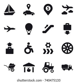 16 vector icon set : boat, car pointer, dollar pin, journey, plane, air ballon, escalator, baggage get, baggage, invalid, wheel, wheelbarrow, warehouse, tractor, sweeper