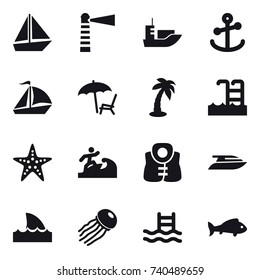 16 vector icon set : boat, lighthouse, sail boat, lounger, palm, pool, starfish, surfer, life vest, yacht, shark flipper, jellyfish, fish