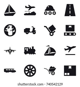 16 vector icon set : boat, weather management, lunar rover, plane, train, sail boat, departure, wheel, wheelbarrow, package