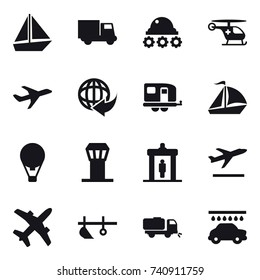 16 vector icon set : boat, truck, lunar rover, trailer, sail boat, air ballon, airport tower, detector, departure, plow, sweeper, car wash