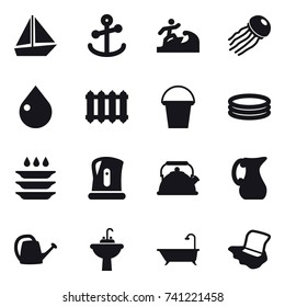 16 vector icon set : boat, surfer, jellyfish, drop, radiator, bucket, inflatable pool, plate washing, kettle, jug, watering can, water tap sink, bath, floor washing