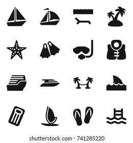 16 vector icon set : boat, sail boat, lounger, island, starfish, flippers, diving mask, life vest, cruise ship, yacht, palm hammock, shark flipper, inflatable mattress, windsurfing, flip-flops, pool