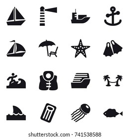 16 vector icon set : boat, lighthouse, sail boat, lounger, starfish, flippers, surfer, life vest, cruise ship, palm hammock, shark flipper, inflatable mattress, jellyfish