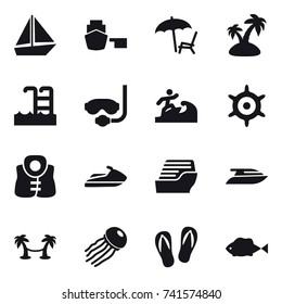 16 vector icon set : boat, lounger, island, pool, diving mask, surfer, handwheel, life vest, jet ski, cruise ship, yacht, palm hammock, jellyfish, flip-flops