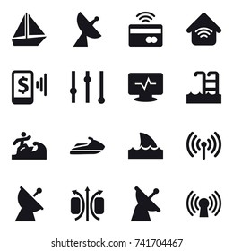 16 vector icon set : boat, satellite antenna, tap to pay, wireless home, mobile pay, equalizer, pool, surfer, jet ski, shark flipper, wireless