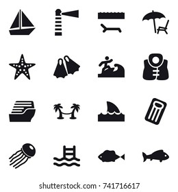 16 vector icon set : boat, lighthouse, lounger, starfish, flippers, surfer, life vest, cruise ship, palm hammock, shark flipper, inflatable mattress, jellyfish, pool, fish