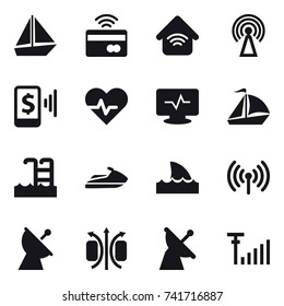 16 vector icon set : boat, tap to pay, wireless home, antenna, mobile pay, sail boat, pool, jet ski, shark flipper, wireless, satellite antenna