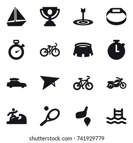 16 vector icon set : boat, trophy, target, smart bracelet, stopwatch, bike, stadium, car baggage, deltaplane, motorcycle, surfer, tennis, golf, pool