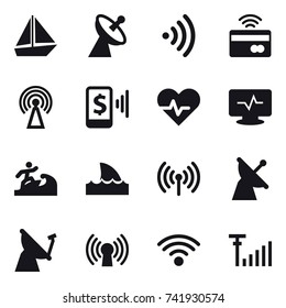 16 vector icon set : boat, satellite antenna, wireless, tap to pay, antenna, mobile pay, surfer, shark flipper