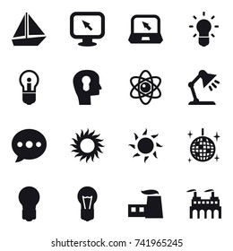 16 vector icon set : boat, monitor arrow, notebook, bulb, bulb head, atom, table lamp, ballon, sun, disco ball