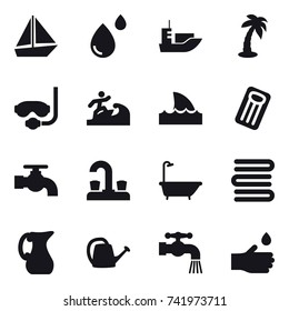 16 vector icon set : boat, palm, diving mask, surfer, shark flipper, inflatable mattress, water tap, bath, towels, jug, watering can, hand drop