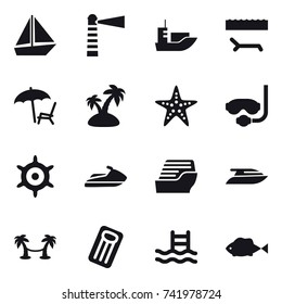 16 vector icon set : boat, lighthouse, lounger, island, starfish, diving mask, handwheel, jet ski, cruise ship, yacht, palm hammock, inflatable mattress, pool