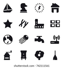 16 vector icon set : boat, chess horse, lightning, home, star, mansion, panel house, earth, jellyfish, water tap, hand mill, hive, garden, broom