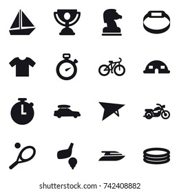 16 vector icon set : boat, trophy, chess horse, smart bracelet, t-shirt, stopwatch, bike, dome house, car baggage, deltaplane, motorcycle, tennis, golf, yacht, inflatable pool