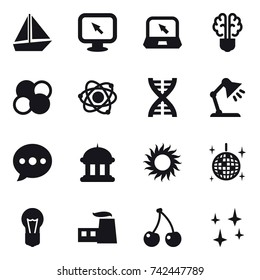 16 vector icon set : boat, monitor arrow, notebook, bulb brain, atom core, atom, dna, table lamp, ballon, goverment house, sun, disco ball, cherry, shining