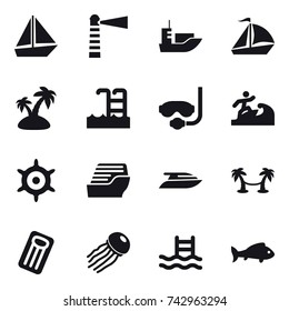 16 vector icon set : boat, lighthouse, sail boat, island, pool, diving mask, surfer, handwheel, cruise ship, yacht, palm hammock, inflatable mattress, jellyfish, fish