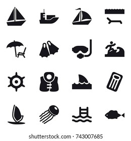 16 vector icon set : boat, sail boat, lounger, flippers, diving mask, surfer, handwheel, life vest, shark flipper, inflatable mattress, windsurfing, jellyfish, pool