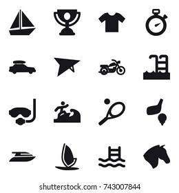 16 vector icon set : boat, trophy, t-shirt, stopwatch, car baggage, deltaplane, motorcycle, pool, diving mask, surfer, tennis, golf, yacht, windsurfing, horse