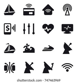 16 vector icon set : boat, tap to pay, wireless home, antenna, mobile pay, equalizer, sail boat, surfer, jet ski, satellite antenna