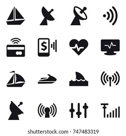 16 vector icon set : boat, satellite antenna, wireless, tap to pay, mobile pay, sail boat, jet ski, shark flipper