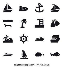 16 vector icon set : boat, sail boat, lounger, palm, pool, flippers, surfer, hand wheel, jet ski, cruise ship, yacht, windsurfing, fish