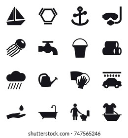 16 vector icon set : boat, hex molecule, diving mask, jellyfish, water tap, bucket, rain cloud, watering can, wiping, car wash, hand and drop, bath, toilet cleaning, handle washing