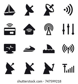 16 vector icon set : boat, satellite antenna, wireless, tap to pay, wireless home, antenna, equalizer, jet ski, shark flipper