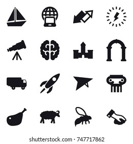 16 vector icon set : boat, notebook globe, up down arrow, lightning, telescope, castle, arch, deltaplane, antique column, sheep, wasp, wiping