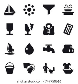 16 vector icon set : boat, round around, funnel, fountain, life vest, inflatable mattress, windsurfing, drop, water tap, bucket, wiping, toilet cleaning, handle washing