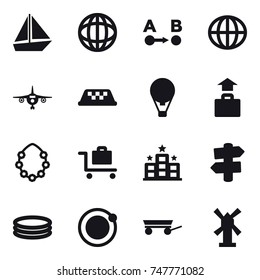 16 vector icon set : boat, globe, plane, taxi, air ballon, baggage, hawaiian wreath, baggage trolley, hotel, signpost, inflatable pool, trailer, windmill