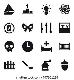 16 vector icon set : boat, pedestal, bulb, atom, battery charge, bow, equalizer, tools, hospital, crib, fence, ladle, hand mill, acorn