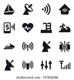 16 vector icon set : boat, satellite antenna, wireless, wireless home, mobile pay, pool, surfer, jet ski