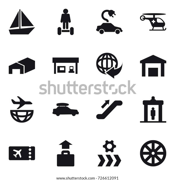 16 vector icon set : boat, hoverboard, electric\
car, warehouse, gas station, car baggage, escalator, detector,\
ticket, baggage, wheel