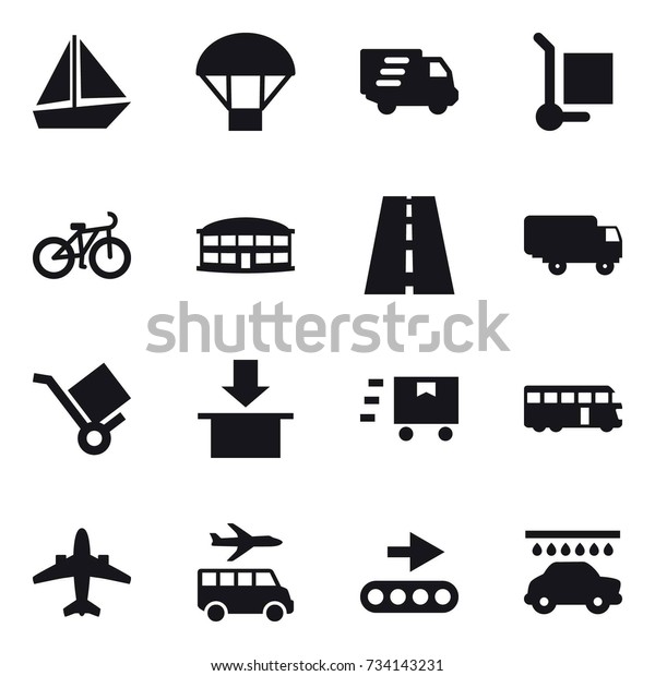 16\
vector icon set : boat, parachute, delivery, cargo stoller, bike,\
airport building, bus, airplane, transfer, car\
wash