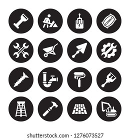 16 vector icon set : Bolster, Floor, Hammer, Ladder, Paint brush, Excavator, Wrench, Screw, Trowel isolated on black background