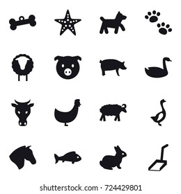 16 vector icon set : bone, starfish, dog, pets, sheep, pig, goose, cow, chicken, horse, fish, rabbit, scoop