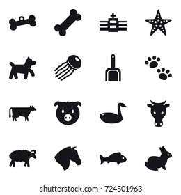 16 vector icon set : bone, starfish, dog, jellyfish, scoop, pets, cow, pig, goose, sheep, horse, fish, rabbit