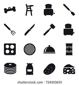 16 vector icon set : bone, Chair for babies, toaster, spatula, big fork, knife, meat hammer, flour, potato, cheese
