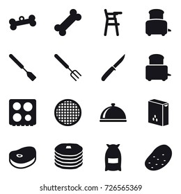 16 vector icon set : bone, Chair for babies, toaster, spatula, big fork, knife, flour, potato