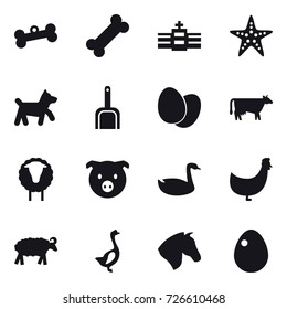 16 vector icon set : bone, starfish, dog, scoop, cow, sheep, pig, goose, chicken, horse, egg