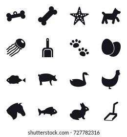 16 vector icon set : bone, starfish, dog, jellyfish, scoop, pets, pig, goose, chicken, horse, fish, rabbit