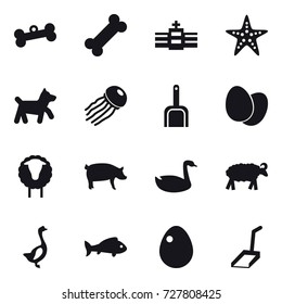 16 vector icon set : bone, starfish, dog, jellyfish, scoop, sheep, pig, goose, fish, egg
