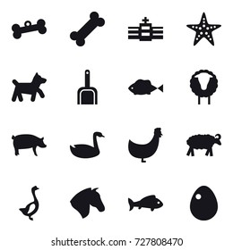 16 vector icon set : bone, starfish, dog, scoop, sheep, pig, goose, chicken, horse, fish, egg