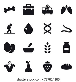 16 vector icon set : bone, tourist, drop, walnut crack, mortar, spikelets, flour, corn, pear, strawberry, bread